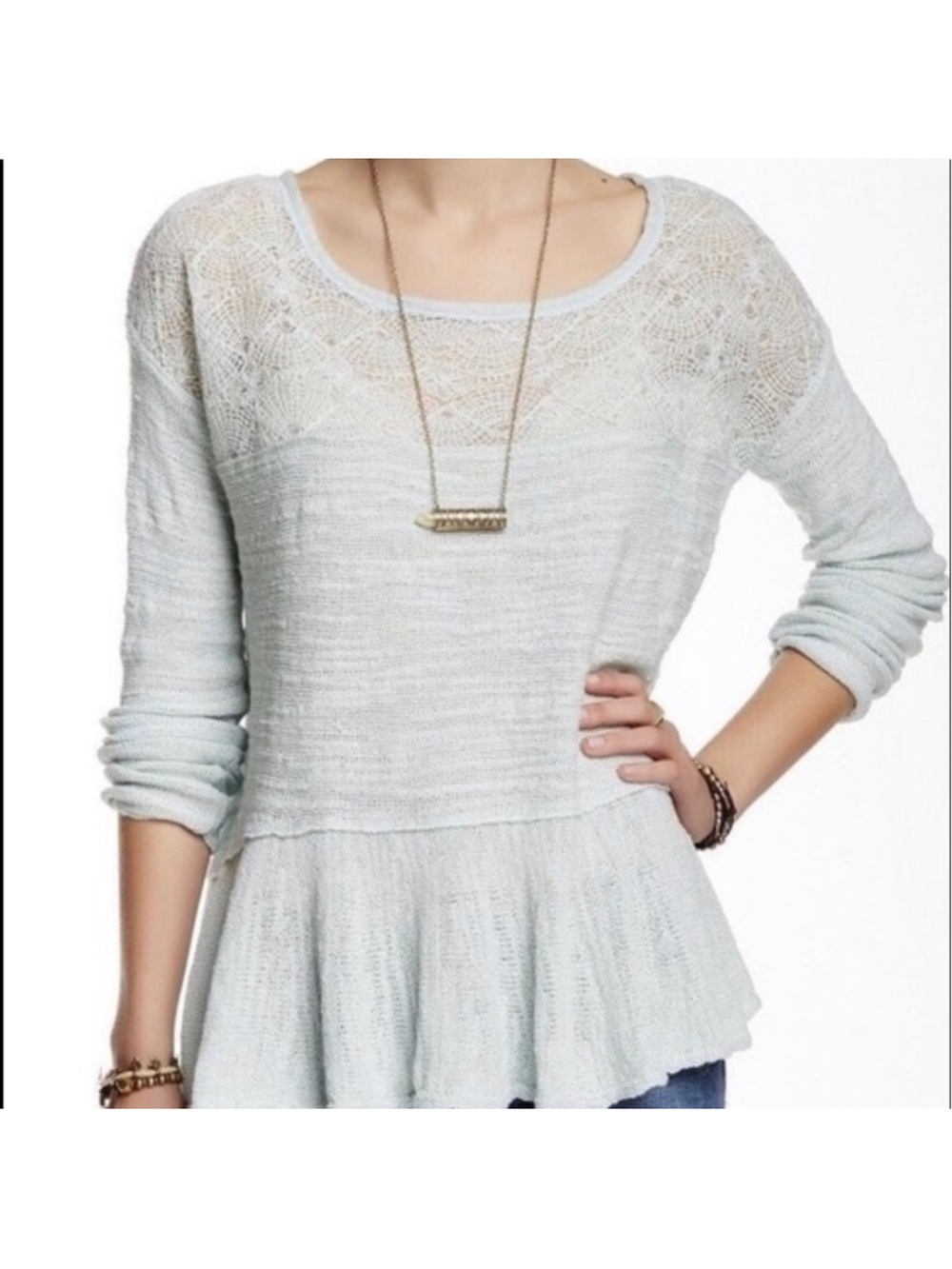Sold - Free People Light Mint Lace Yoke Peplum Top